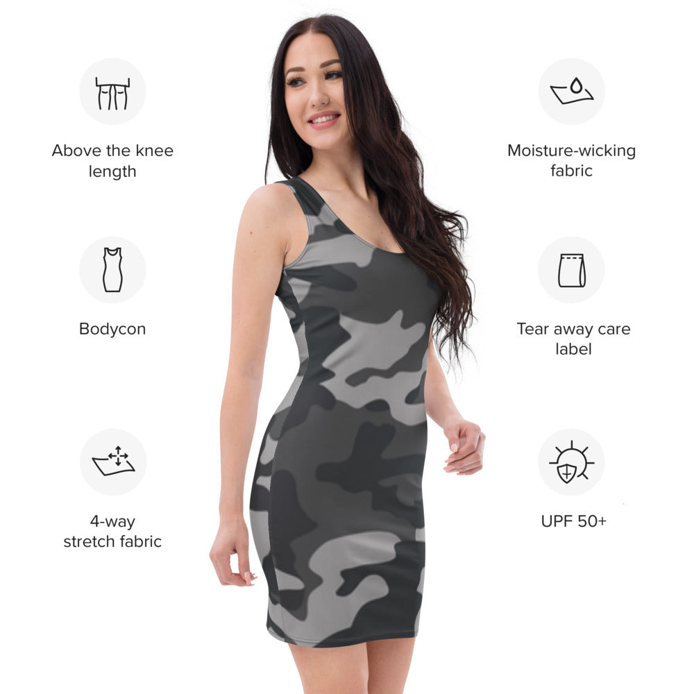 LiveLifeExotic Women's Grey Camo Bodycon Dress - Moisture-Wicking, UPF 50+ | Above Knee Stretch Fit