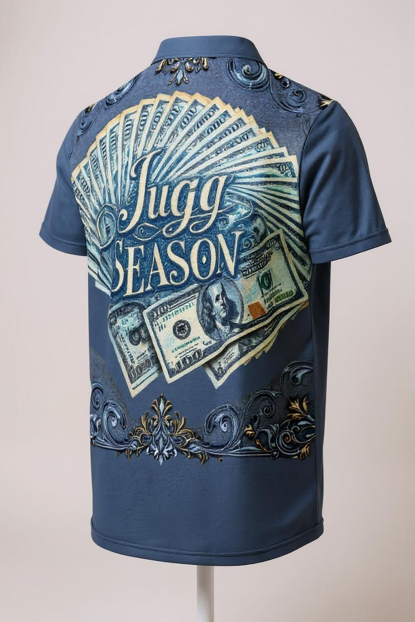 LiveLifeExotic "Jugg Season " slim fit unisex Polo Shirt: Blue and Gold Money Design,