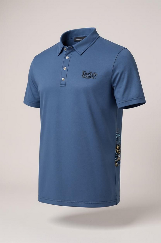 LiveLifeExotic "Jugg Season " slim fit unisex Polo Shirt: Blue and Gold Money Design,